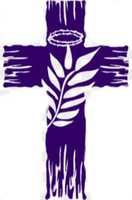 graphic purple cross with palm and crown of thorns